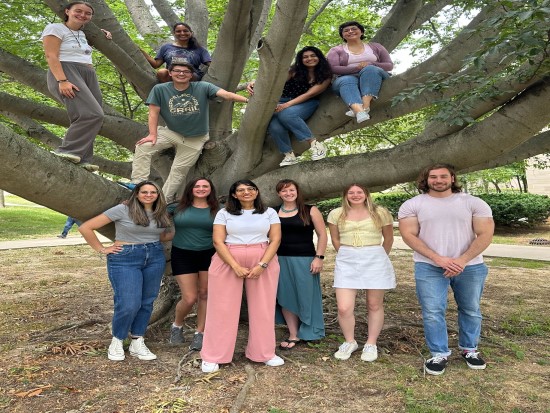 members of the van Kessel Lab are standing in front of and sitting in a tree